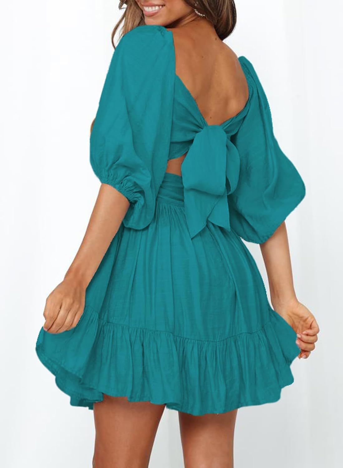 Women Summer Dresses Tie Back Lantern Sleeve Ruffle A-Line Casual Dress