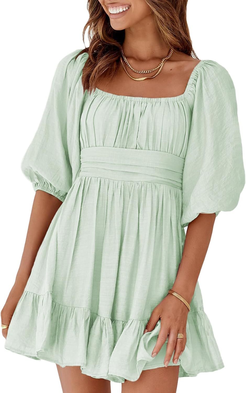 Women Summer Dresses Tie Back Lantern Sleeve Ruffle A-Line Casual Dress