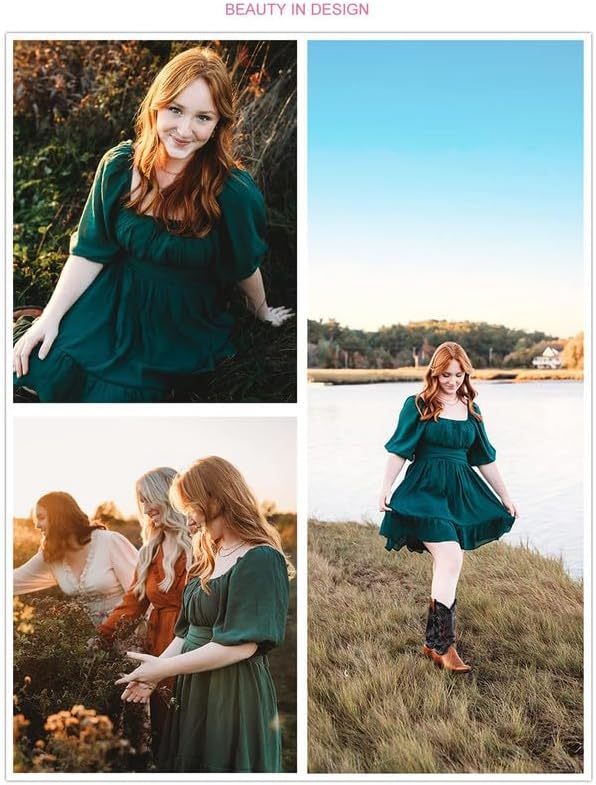 Women Summer Dresses Tie Back Lantern Sleeve Ruffle A-Line Casual Dress