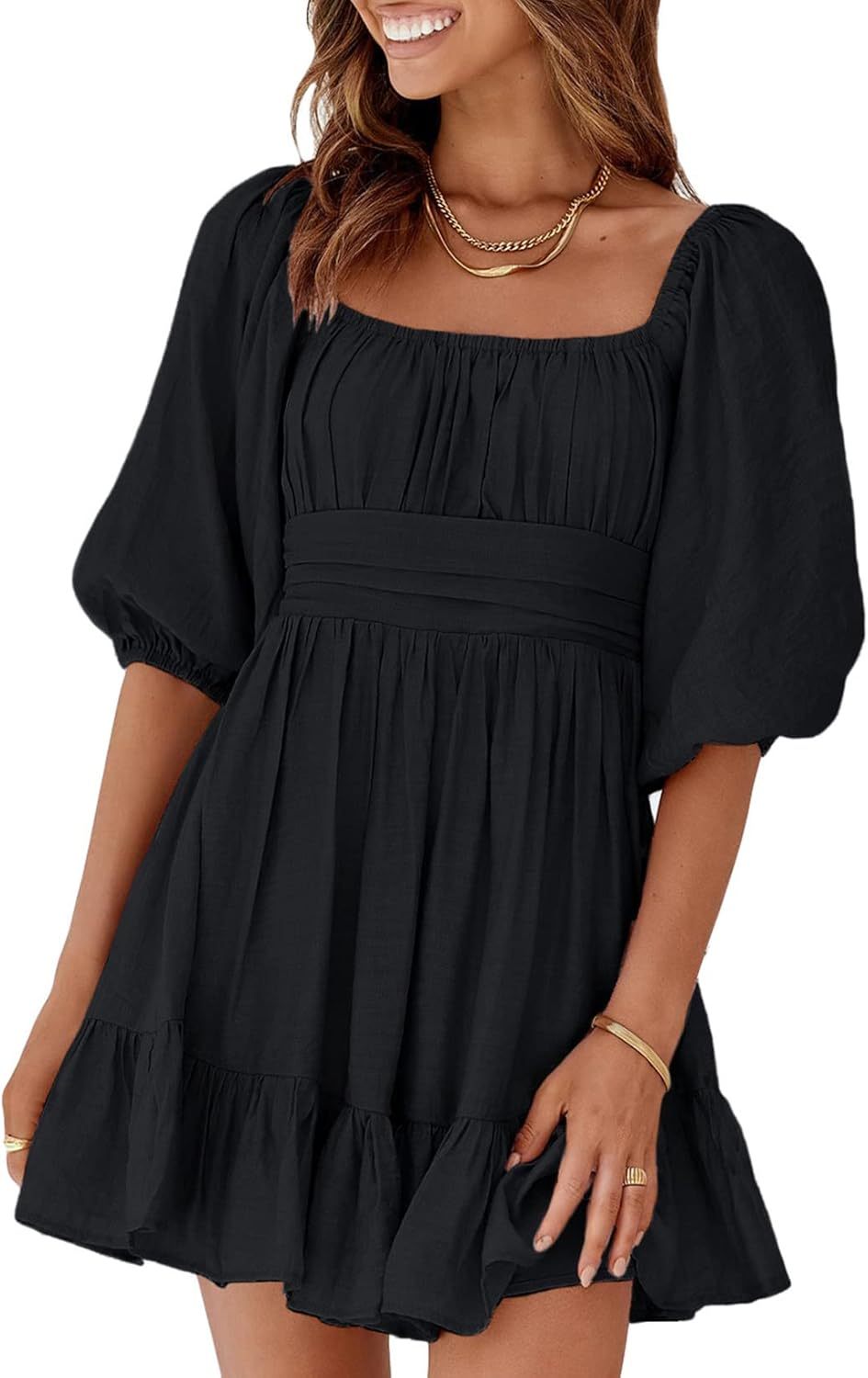 Women Summer Dresses Tie Back Lantern Sleeve Ruffle A-Line Casual Dress