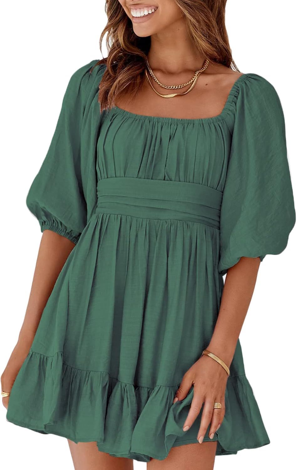 Women Summer Dresses Tie Back Lantern Sleeve Ruffle A-Line Casual Dress