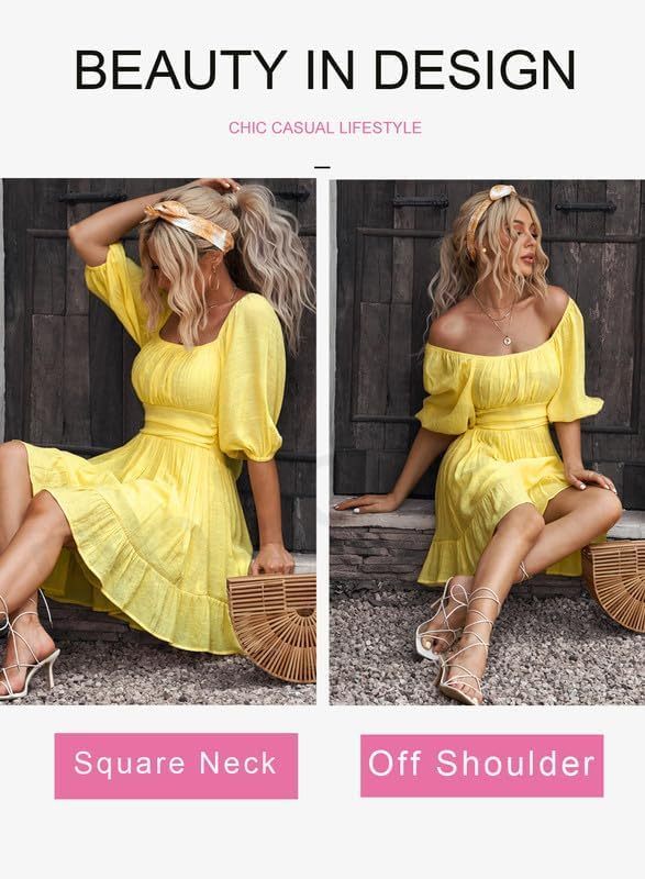 Women Summer Dresses Tie Back Lantern Sleeve Ruffle A-Line Casual Dress