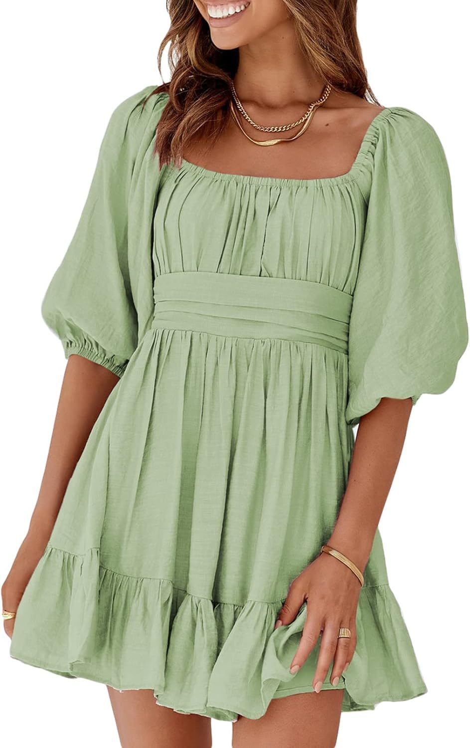 Women Summer Dresses Tie Back Lantern Sleeve Ruffle A-Line Casual Dress