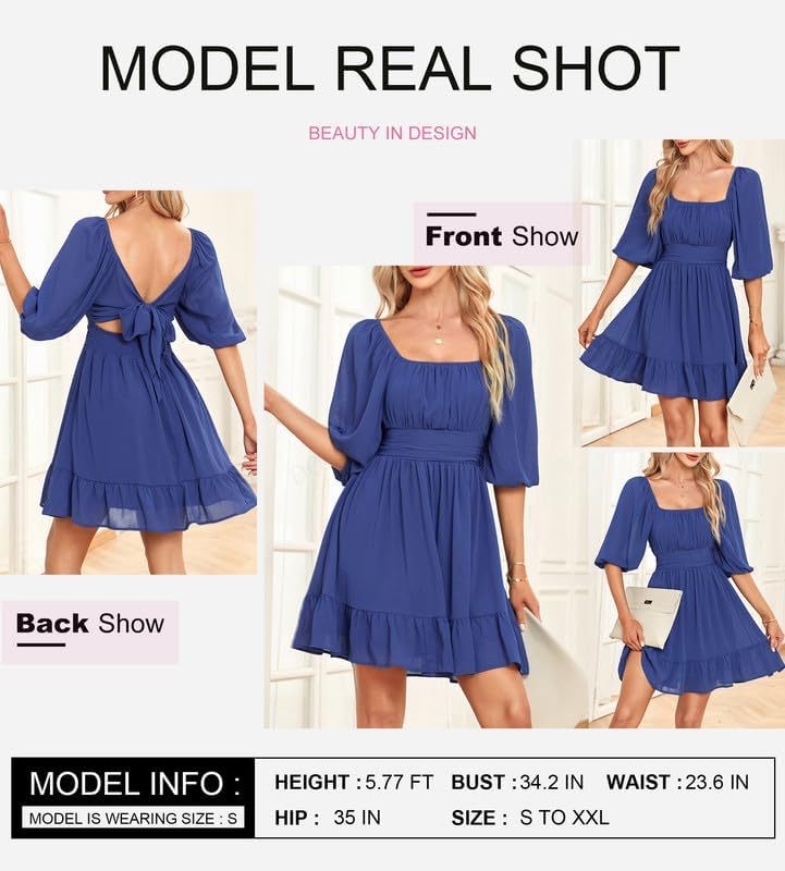 Women Summer Dresses Tie Back Lantern Sleeve Ruffle A-Line Casual Dress