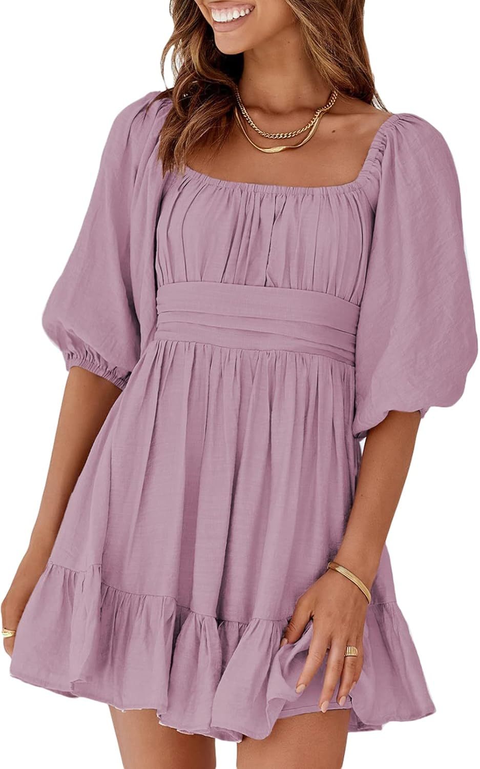 Women Summer Dresses Tie Back Lantern Sleeve Ruffle A-Line Casual Dress