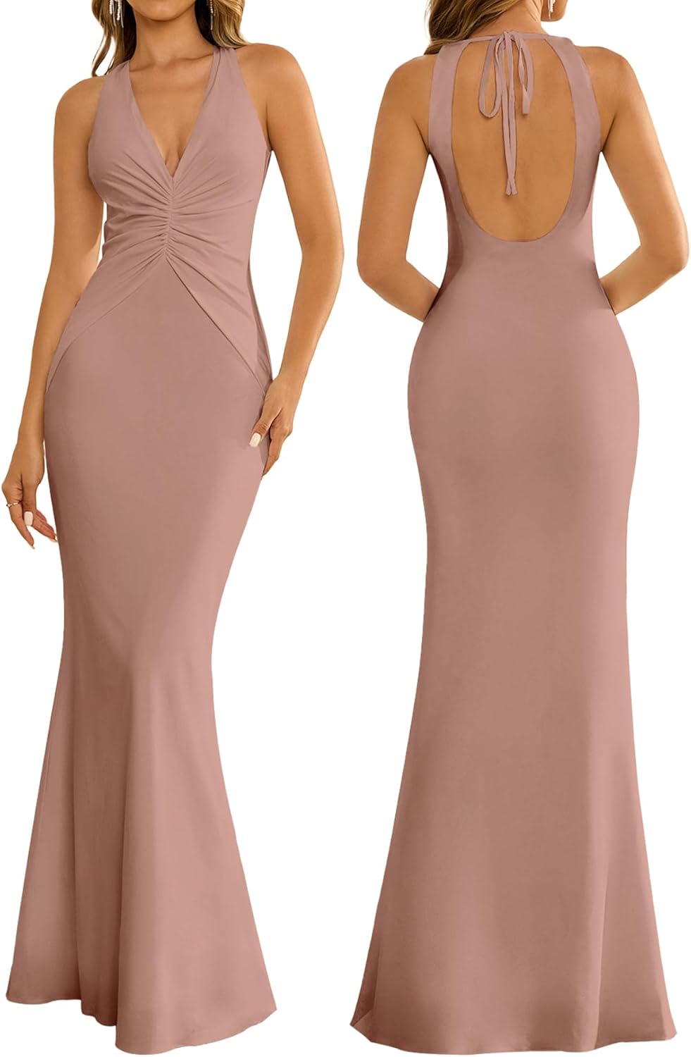 Women Summer Bodycon Maxi Dress Sexy Ruched Deep V Neck Formal Long Dresses