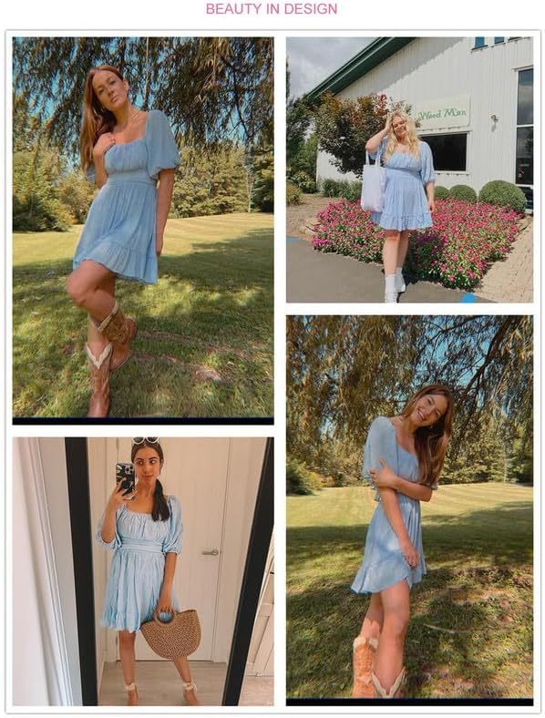 Women Summer Dresses Tie Back Lantern Sleeve Ruffle A-Line Casual Dress