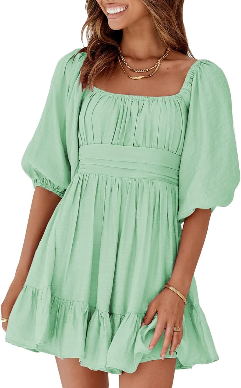 Women Summer Dresses Tie Back Lantern Sleeve Ruffle A-Line Casual Dress
