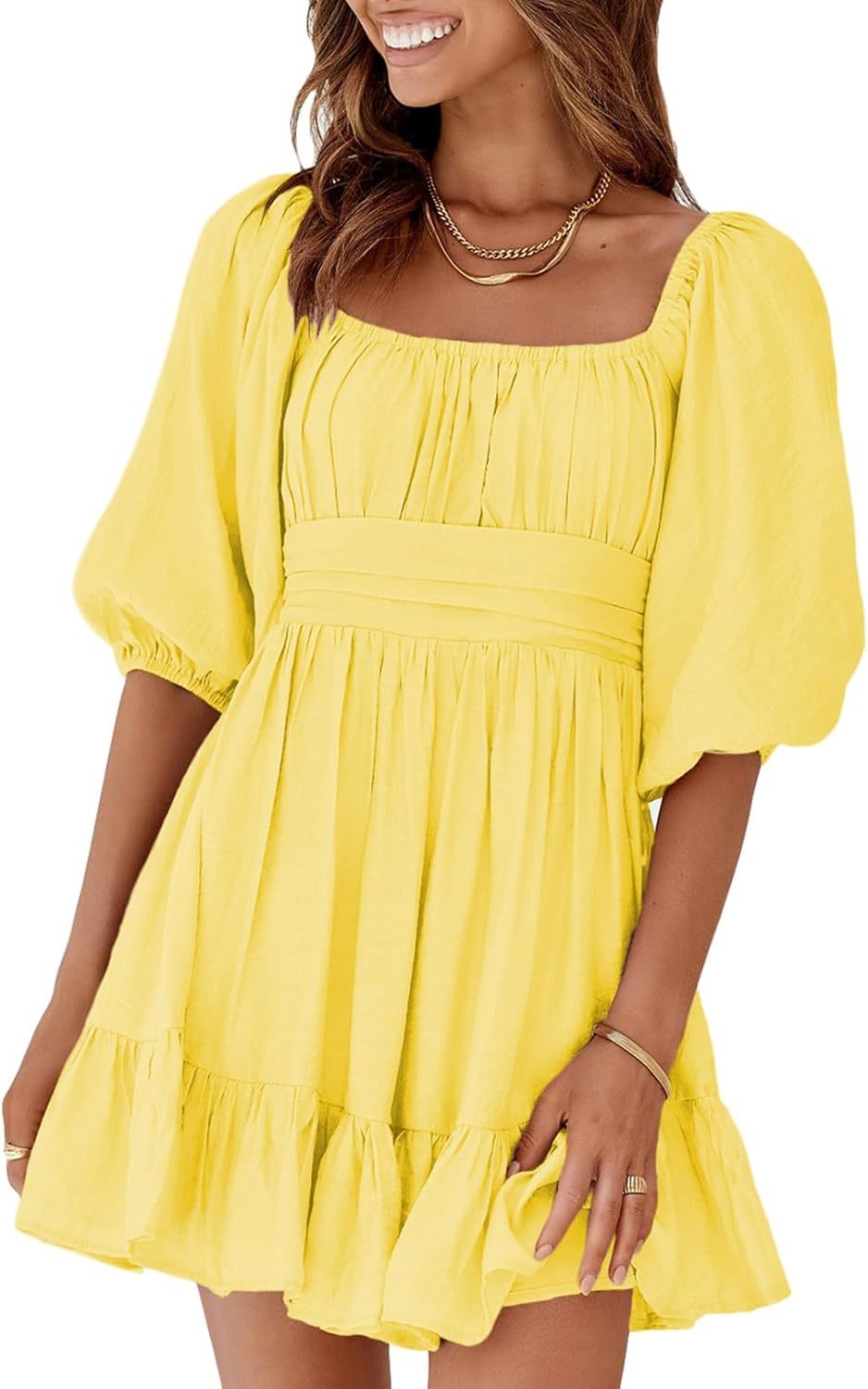 Women Summer Dresses Tie Back Lantern Sleeve Ruffle A-Line Casual Dress
