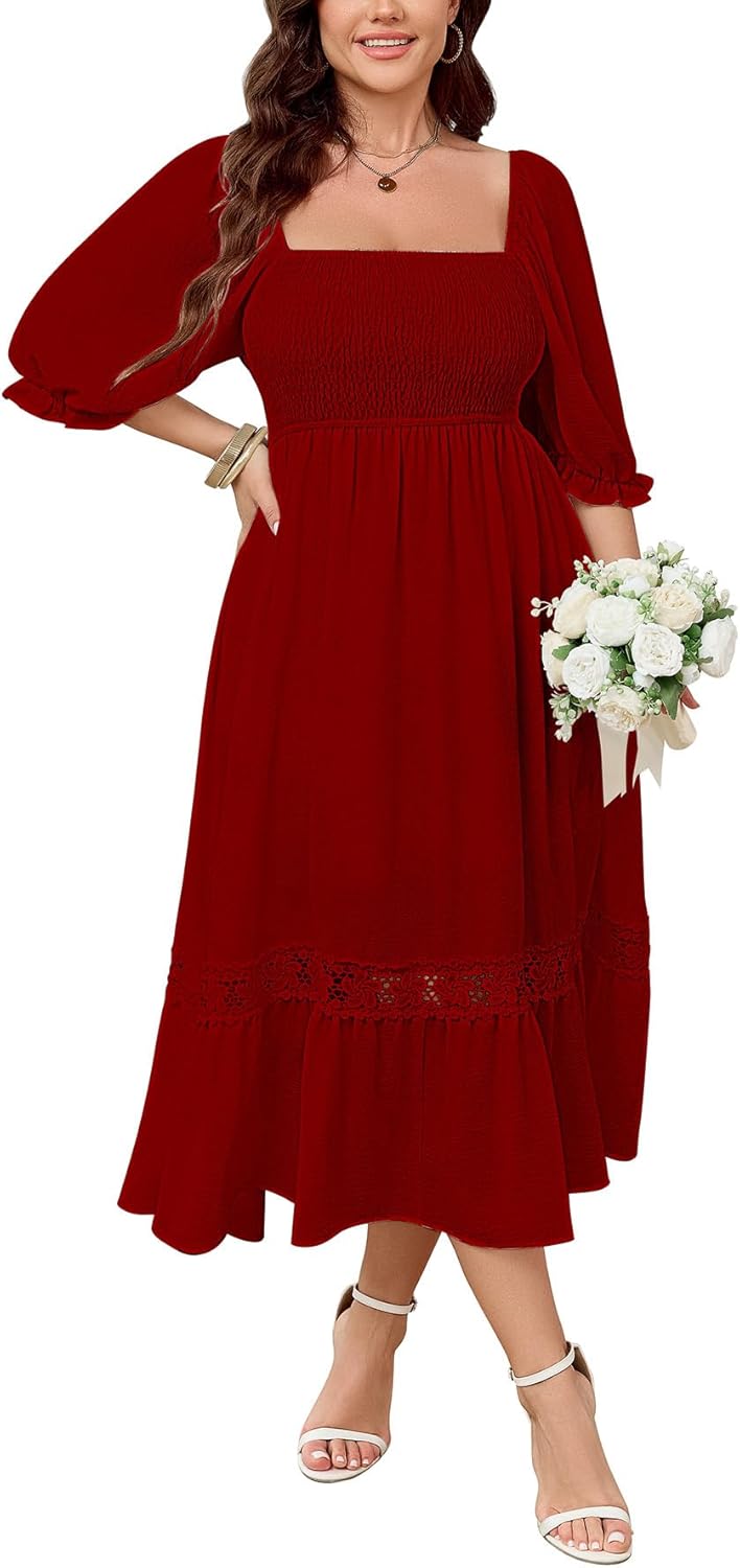 Women Plus Size Maxi Dress Short Sleeve Square Neck Wedding Guest Dresses