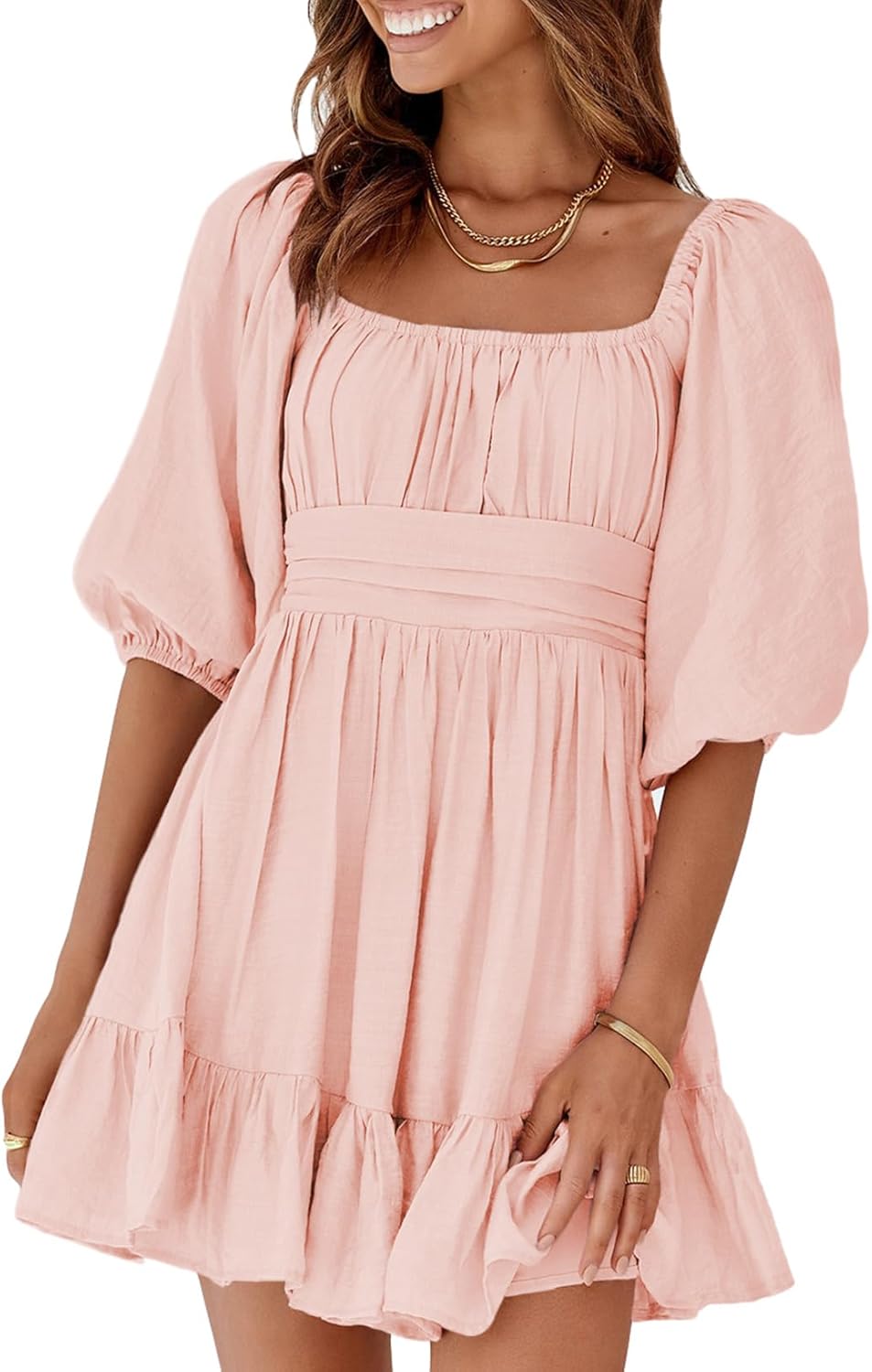 Women Summer Dresses Tie Back Lantern Sleeve Ruffle A-Line Casual Dress
