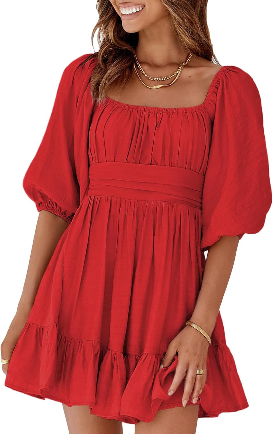 Women Summer Dresses Tie Back Lantern Sleeve Ruffle A-Line Casual Dress