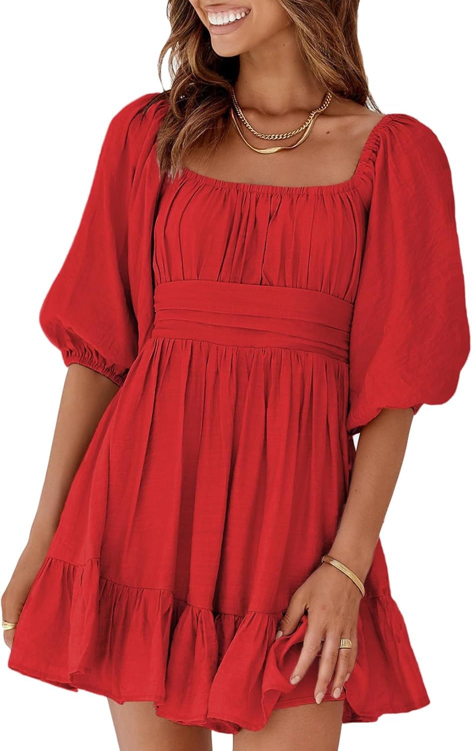 Women Summer Dresses Tie Back Lantern Sleeve Ruffle A-Line Casual Dress