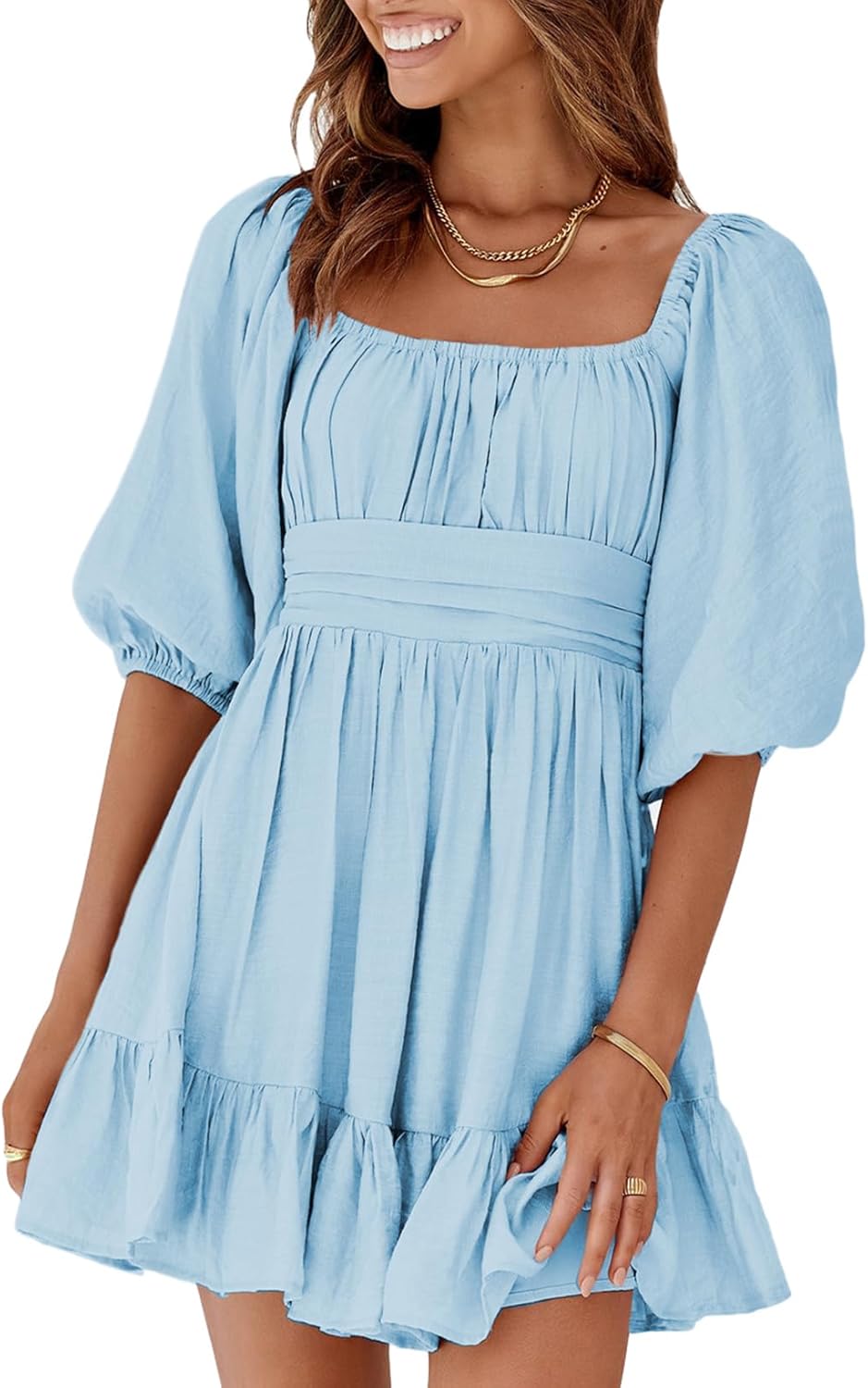 Women Summer Dresses Tie Back Lantern Sleeve Ruffle A-Line Casual Dress