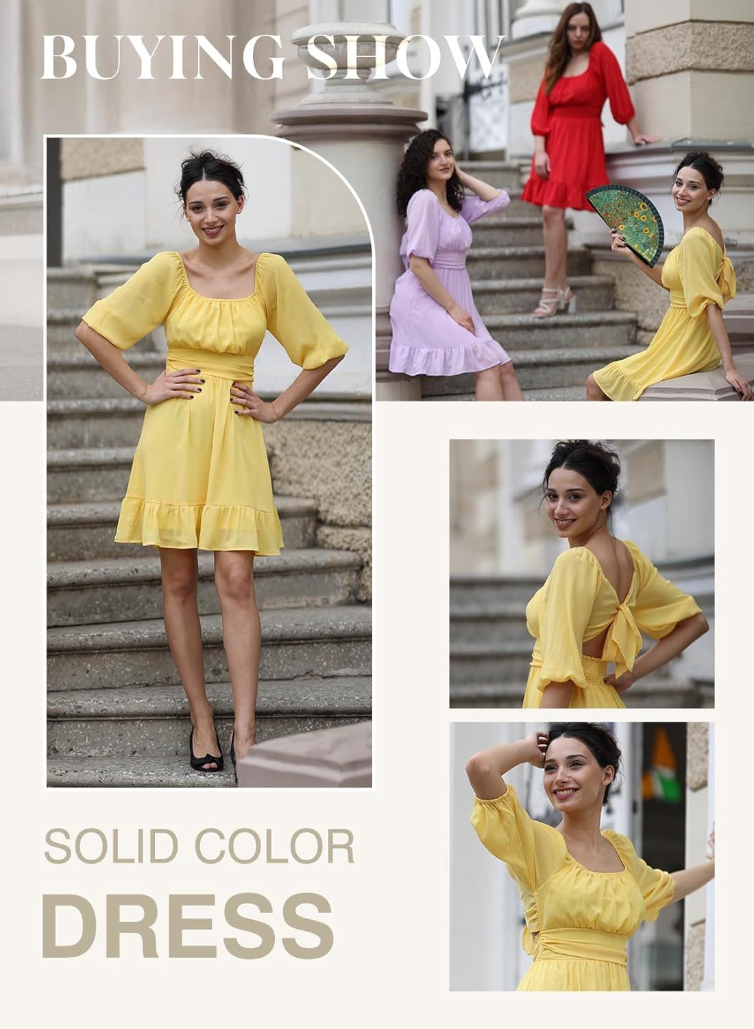 Women Summer Dresses Tie Back Lantern Sleeve Ruffle A-Line Casual Dress