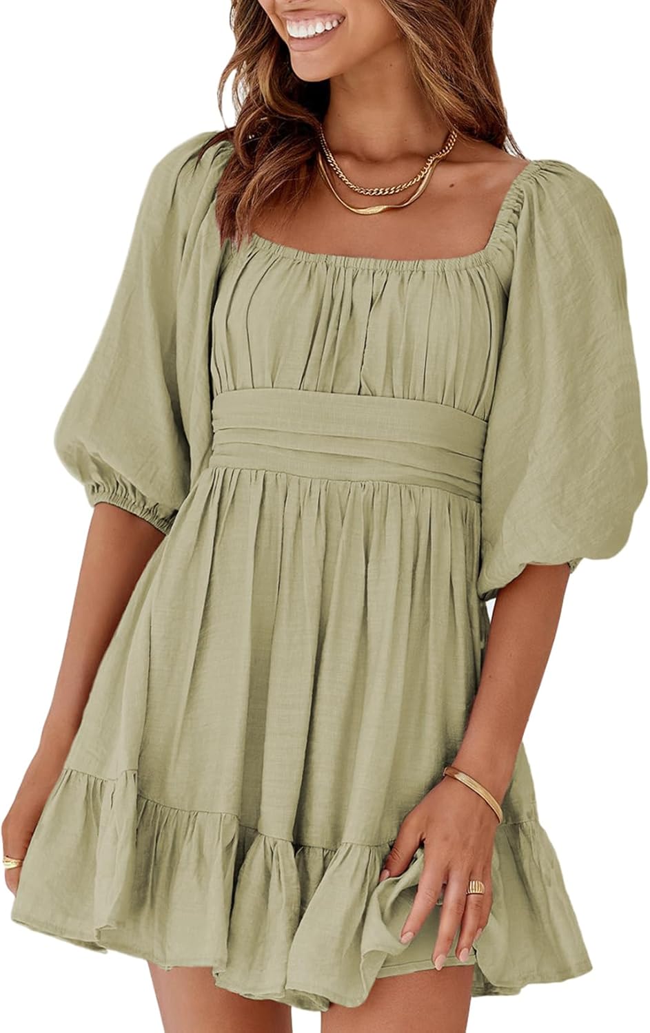 Women Summer Dresses Tie Back Lantern Sleeve Ruffle A-Line Casual Dress