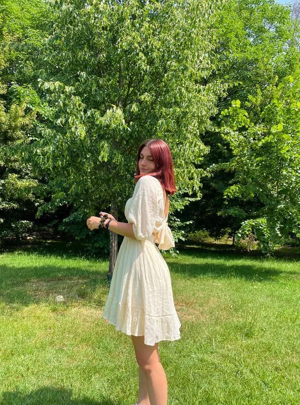Women Summer Dresses Tie Back Lantern Sleeve Ruffle A-Line Casual Dress
