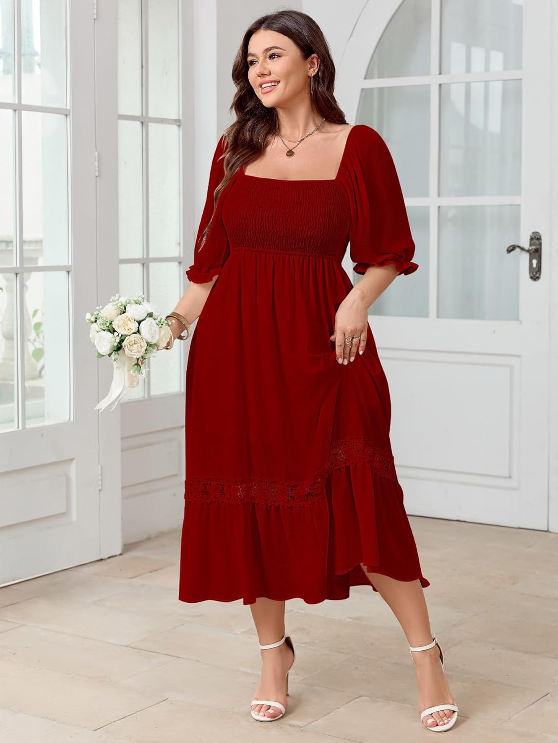 Women Plus Size Maxi Dress Short Sleeve Square Neck Wedding Guest Dresses