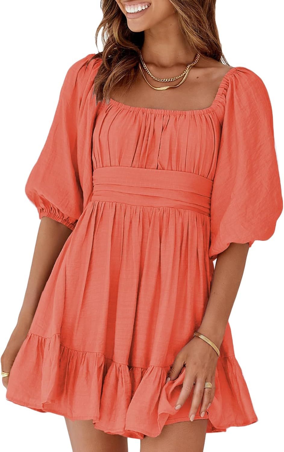 Women Summer Dresses Tie Back Lantern Sleeve Ruffle A-Line Casual Dress