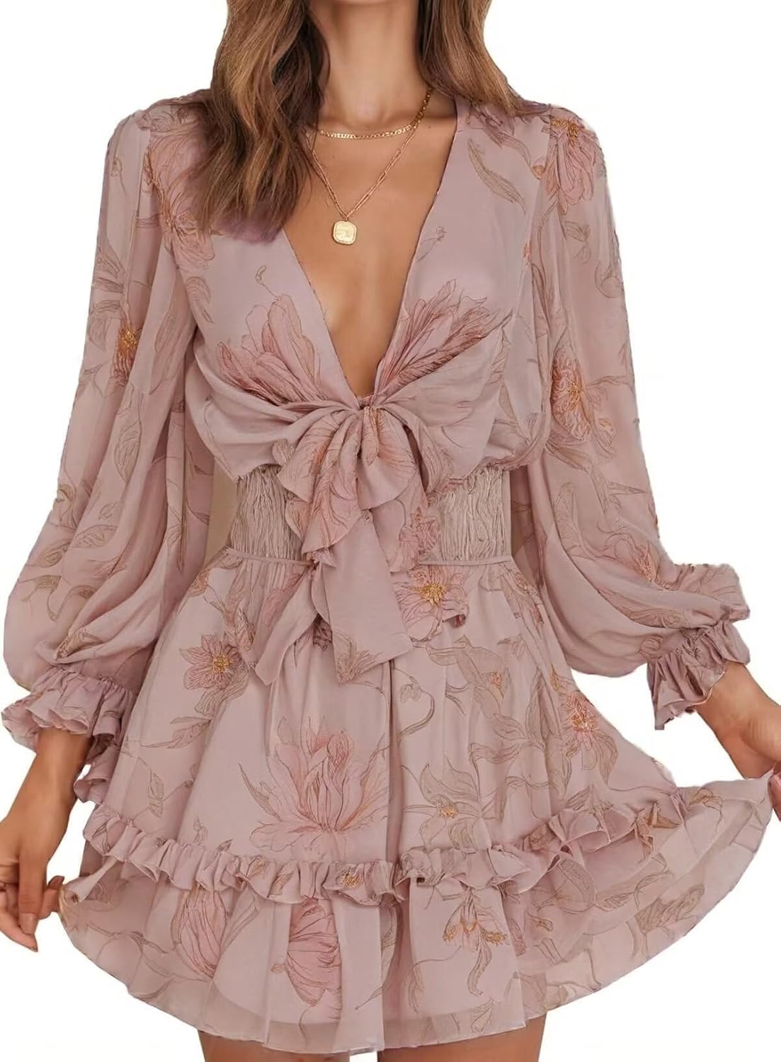 Cexunke Womens Casual Spring Summer 2025 Deep V Neck Knotted Tiered Chiffon Elegant Mini Short Swing Skater Dresses