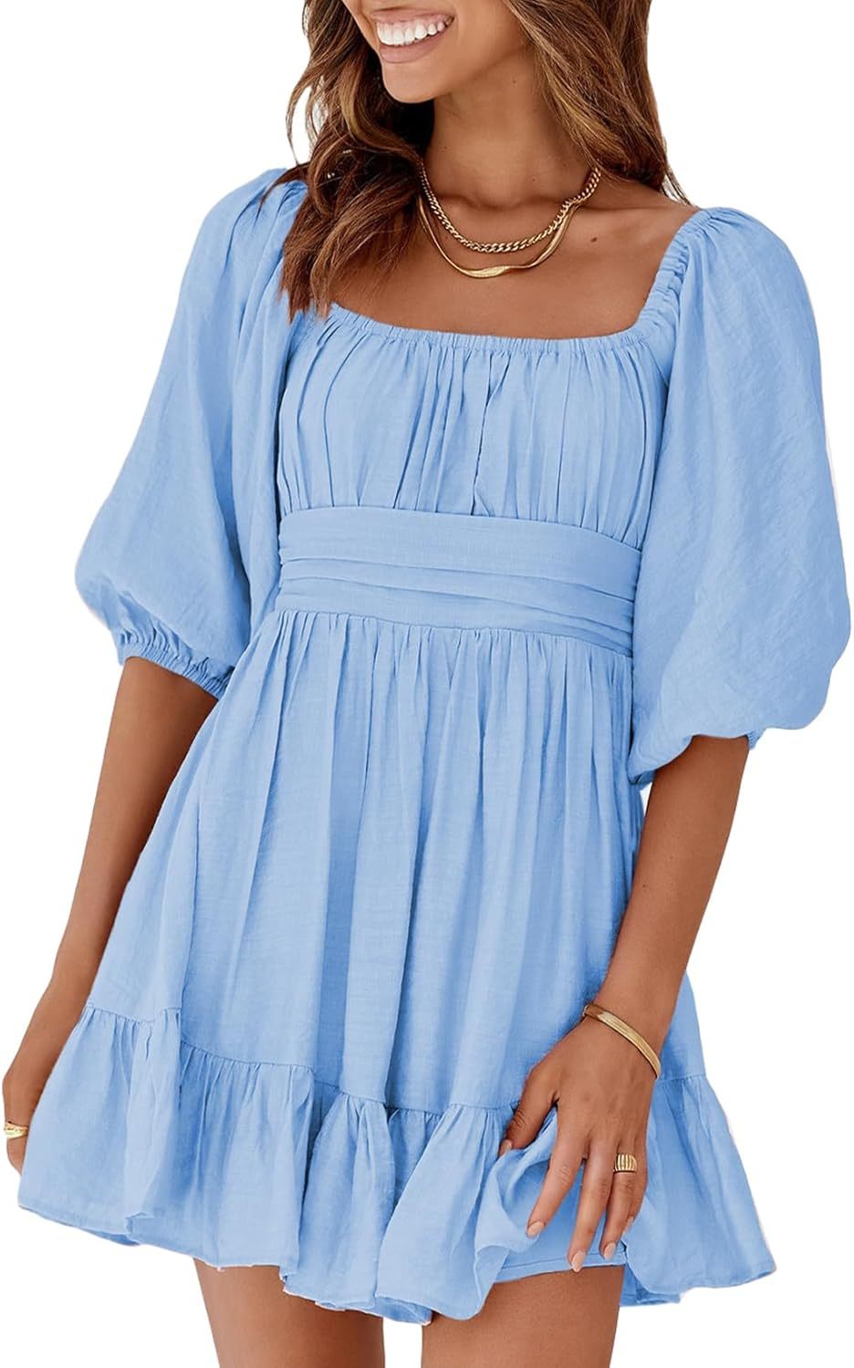 Women Summer Dresses Tie Back Lantern Sleeve Ruffle A-Line Casual Dress
