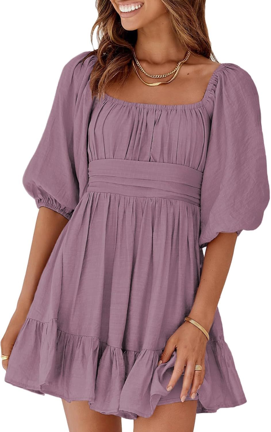 Women Summer Dresses Tie Back Lantern Sleeve Ruffle A-Line Casual Dress