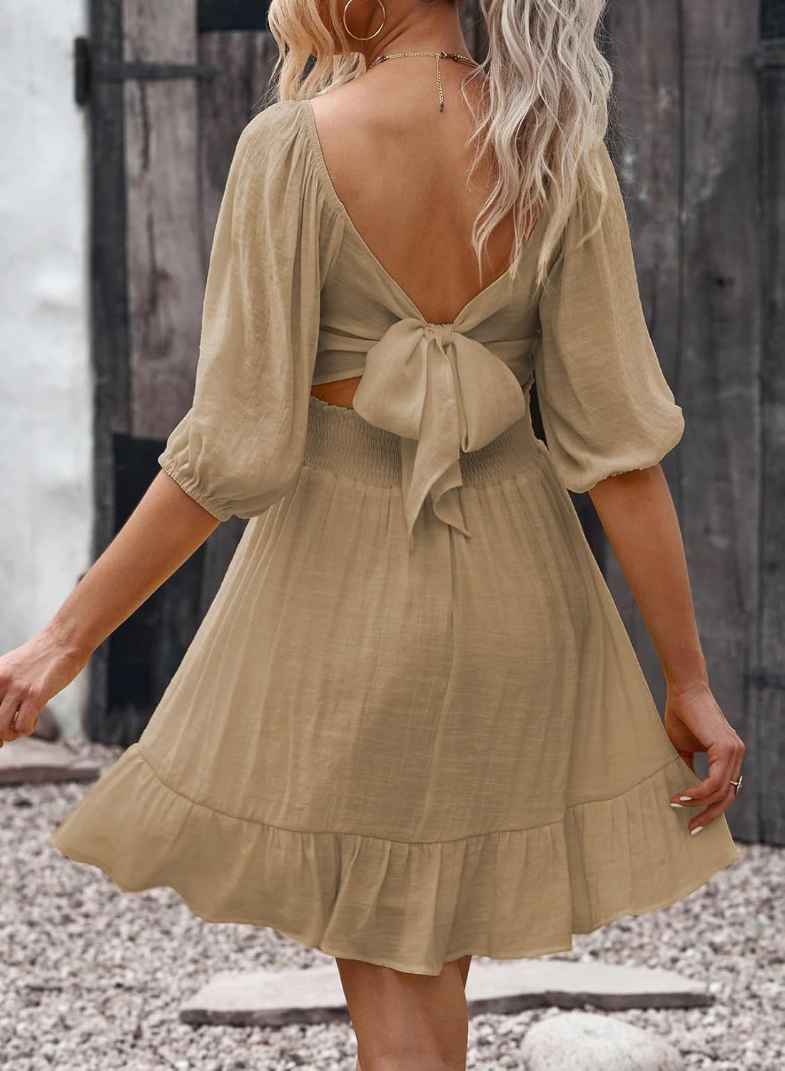 Women Summer Dresses Tie Back Lantern Sleeve Ruffle A-Line Casual Dress