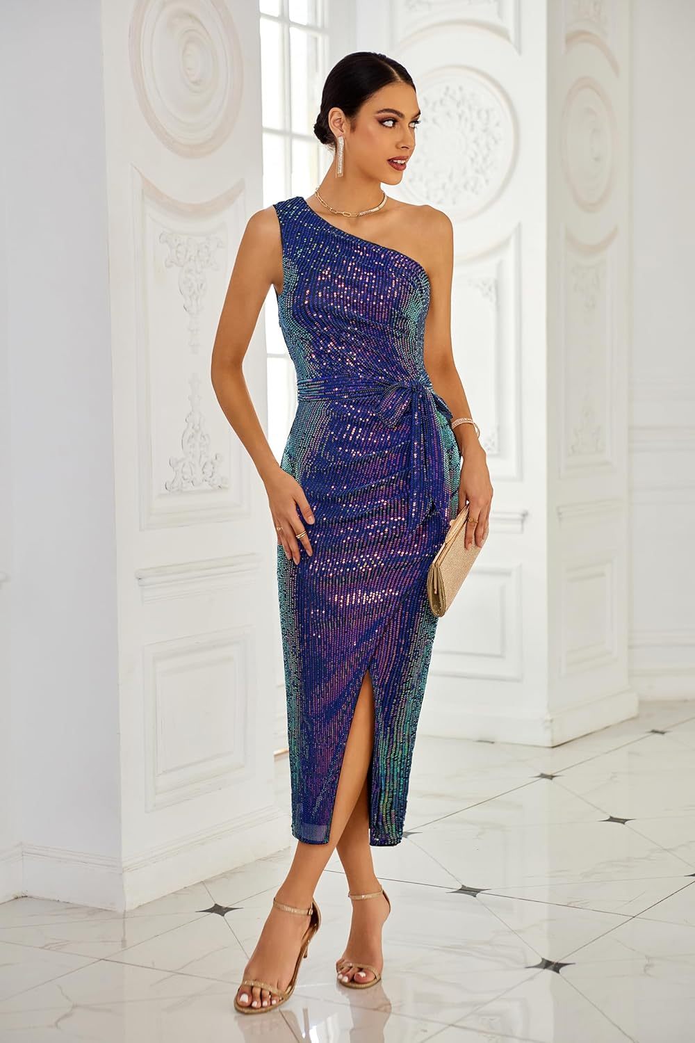 Women Sleeveless One Shoulder Dress Maxi Dresses with Slit