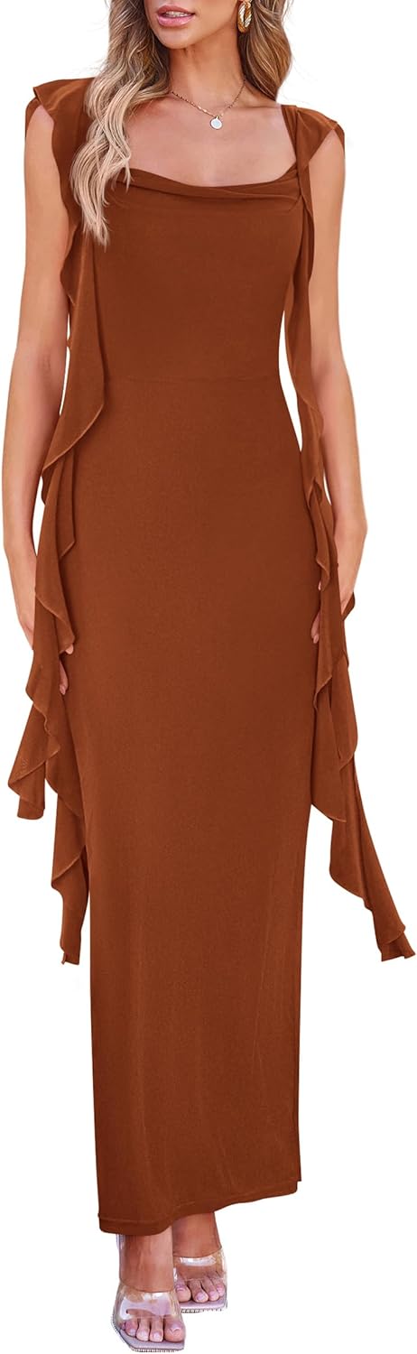 Csceces Women's 2025 Summer Wedding Guest Dress Sleeveless Ruffle Formal Cocktail Party Maxi Bodycon Dresses