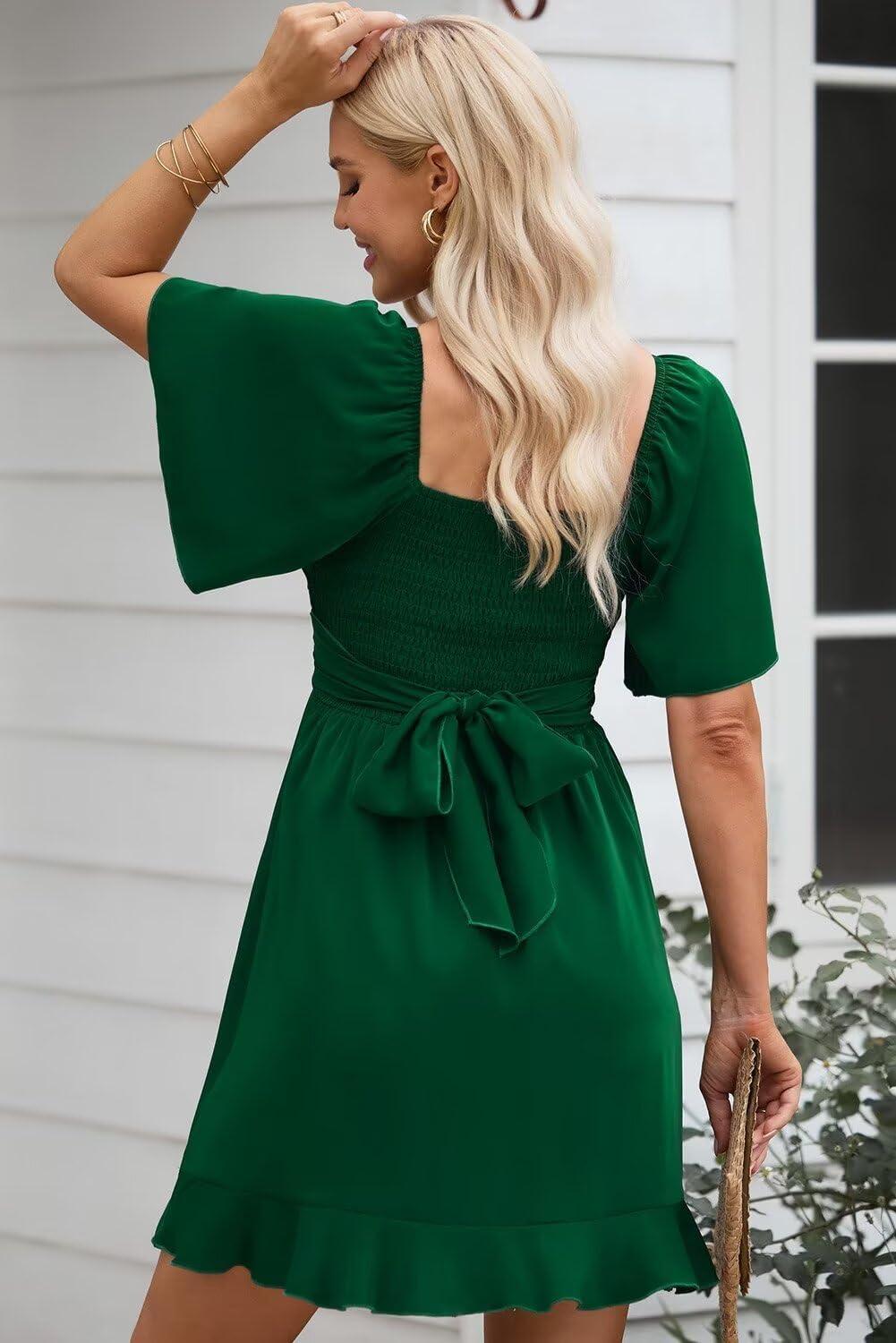 Women V Neck Wedding Guest Dress Smocked Elastic Waist Tiered Belted Mini Dress