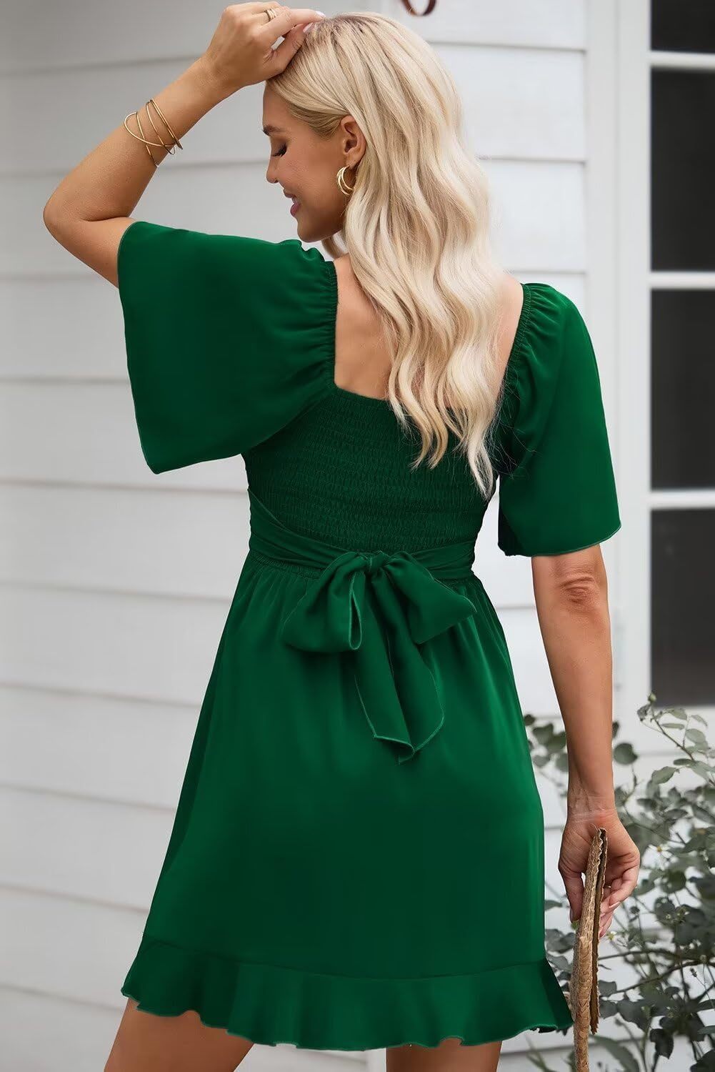Women V Neck Wedding Guest Dress Smocked Elastic Waist Tiered Belted Mini Dress