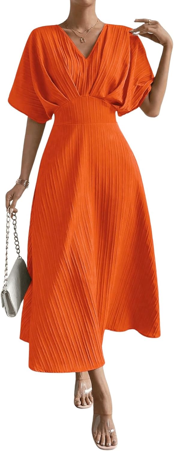 Floerns Women's V Neck Half Sleeve Ruched Cocktail Evening A Line Long Dress