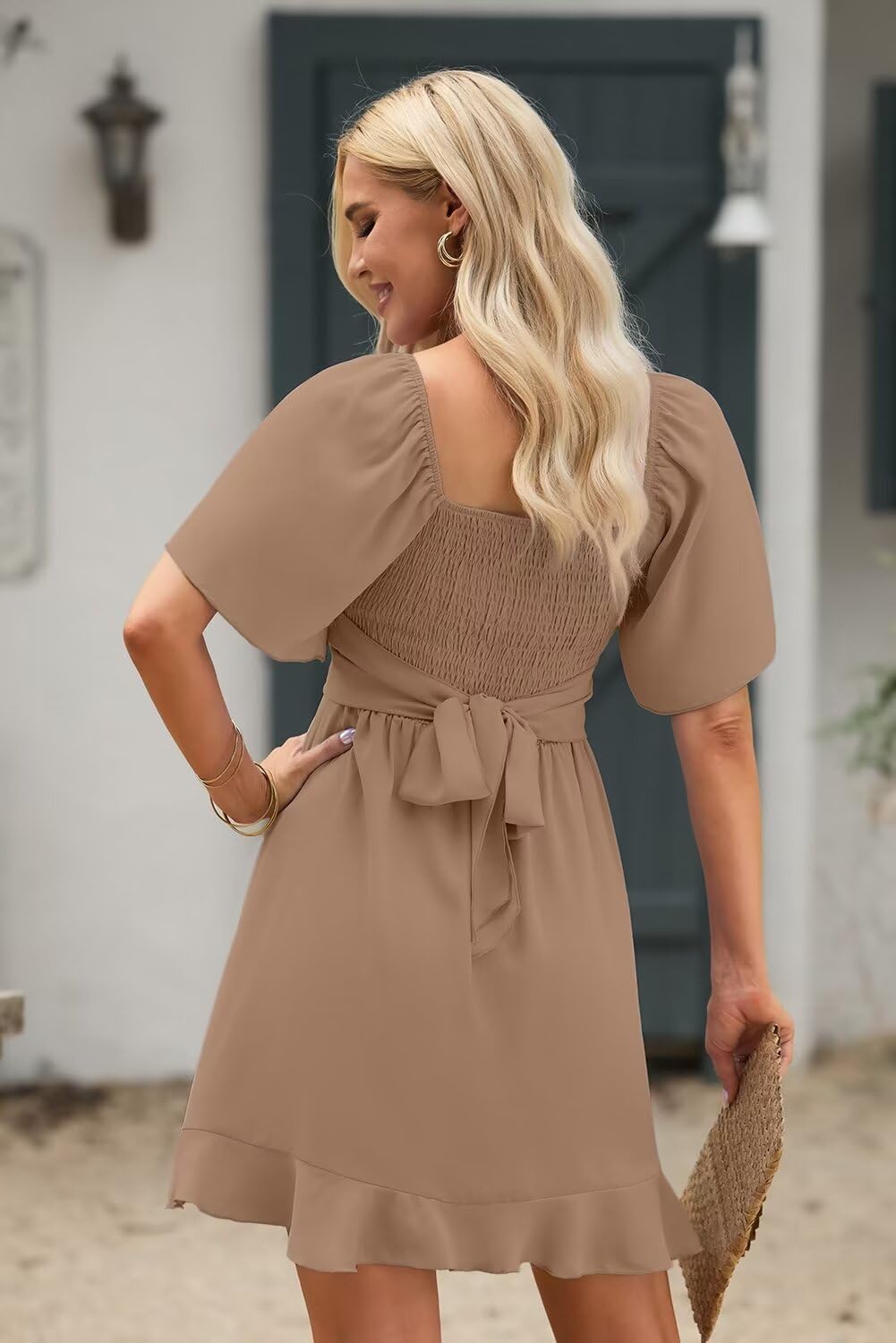 Women V Neck Wedding Guest Dress Smocked Elastic Waist Tiered Belted Mini Dress