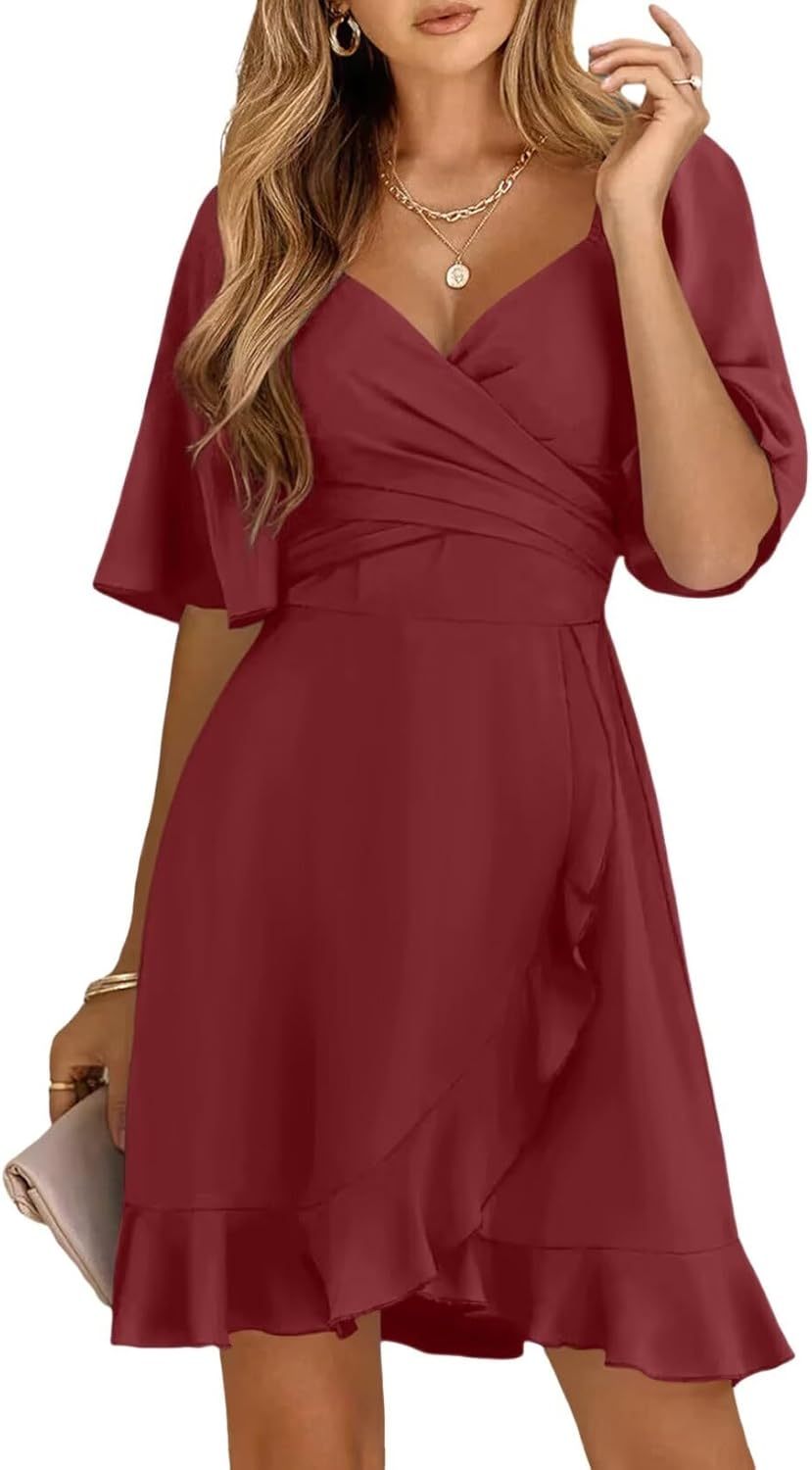 Women V Neck Wedding Guest Dress Smocked Elastic Waist Tiered Belted Mini Dress