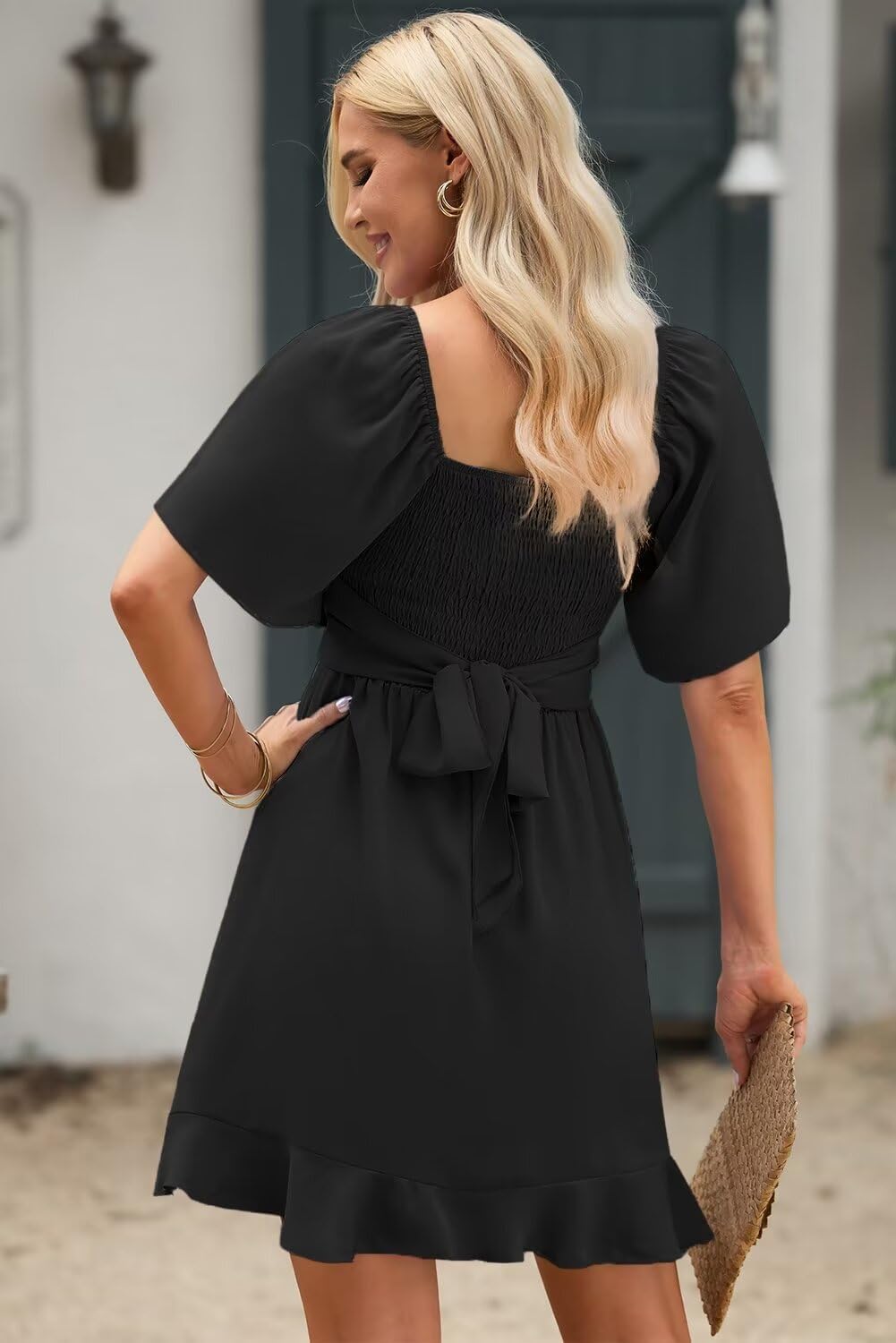 Women V Neck Wedding Guest Dress Smocked Elastic Waist Tiered Belted Mini Dress