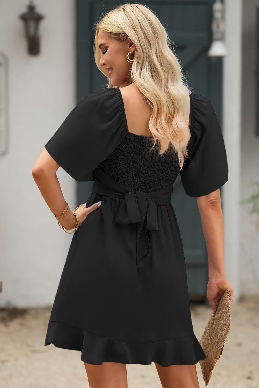 Women V Neck Wedding Guest Dress Smocked Elastic Waist Tiered Belted Mini Dress