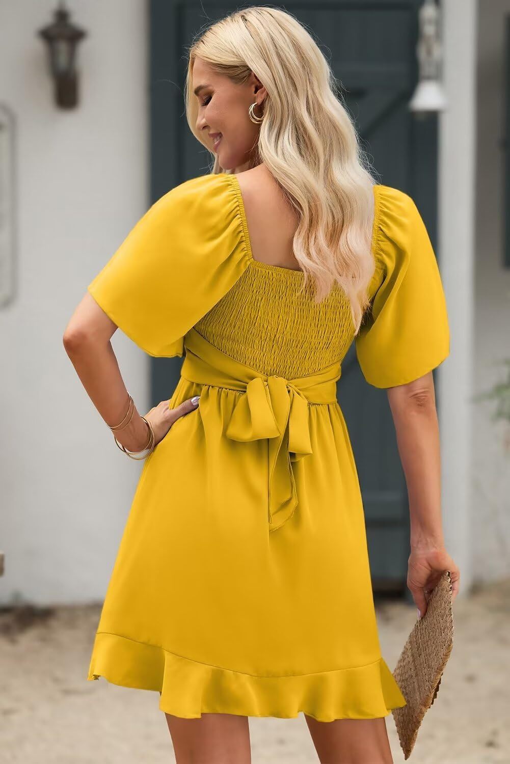 Women V Neck Wedding Guest Dress Smocked Elastic Waist Tiered Belted Mini Dress