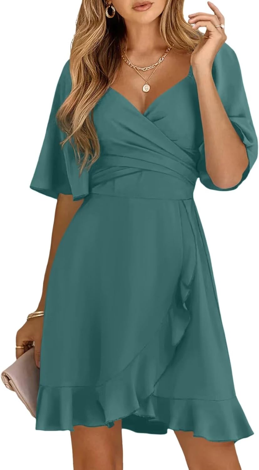 Women V Neck Wedding Guest Dress Smocked Elastic Waist Tiered Belted Mini Dress
