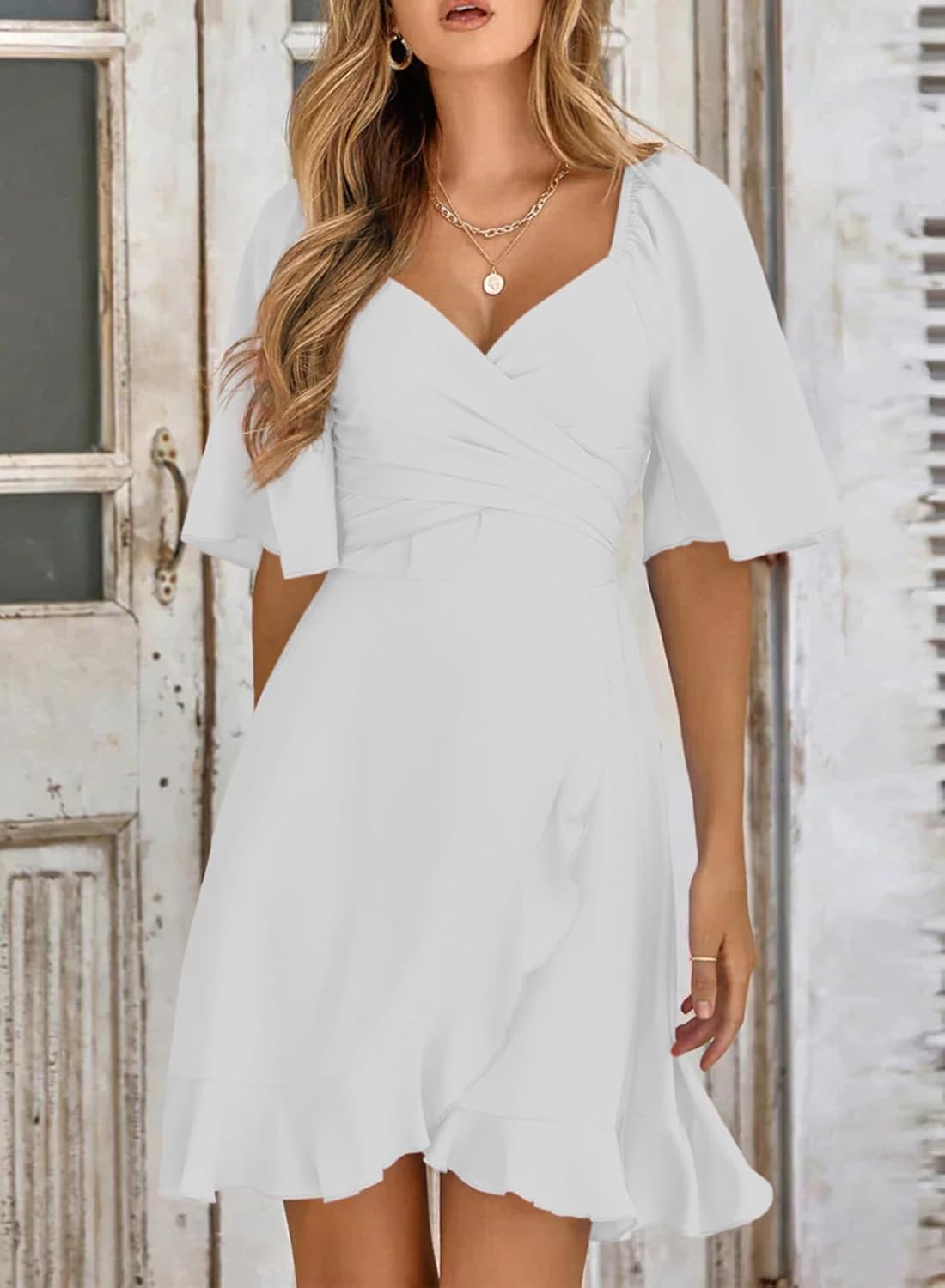Women V Neck Wedding Guest Dress Smocked Elastic Waist Tiered Belted Mini Dress