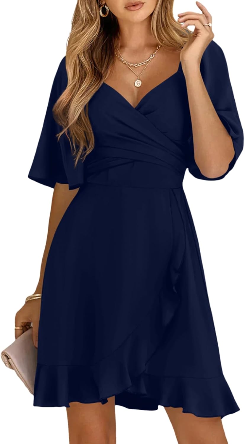 Women V Neck Wedding Guest Dress Smocked Elastic Waist Tiered Belted Mini Dress