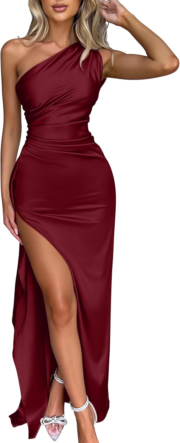 Women Sexy One Shoulder High Split Cocktail Wedding Party Maxi Dress