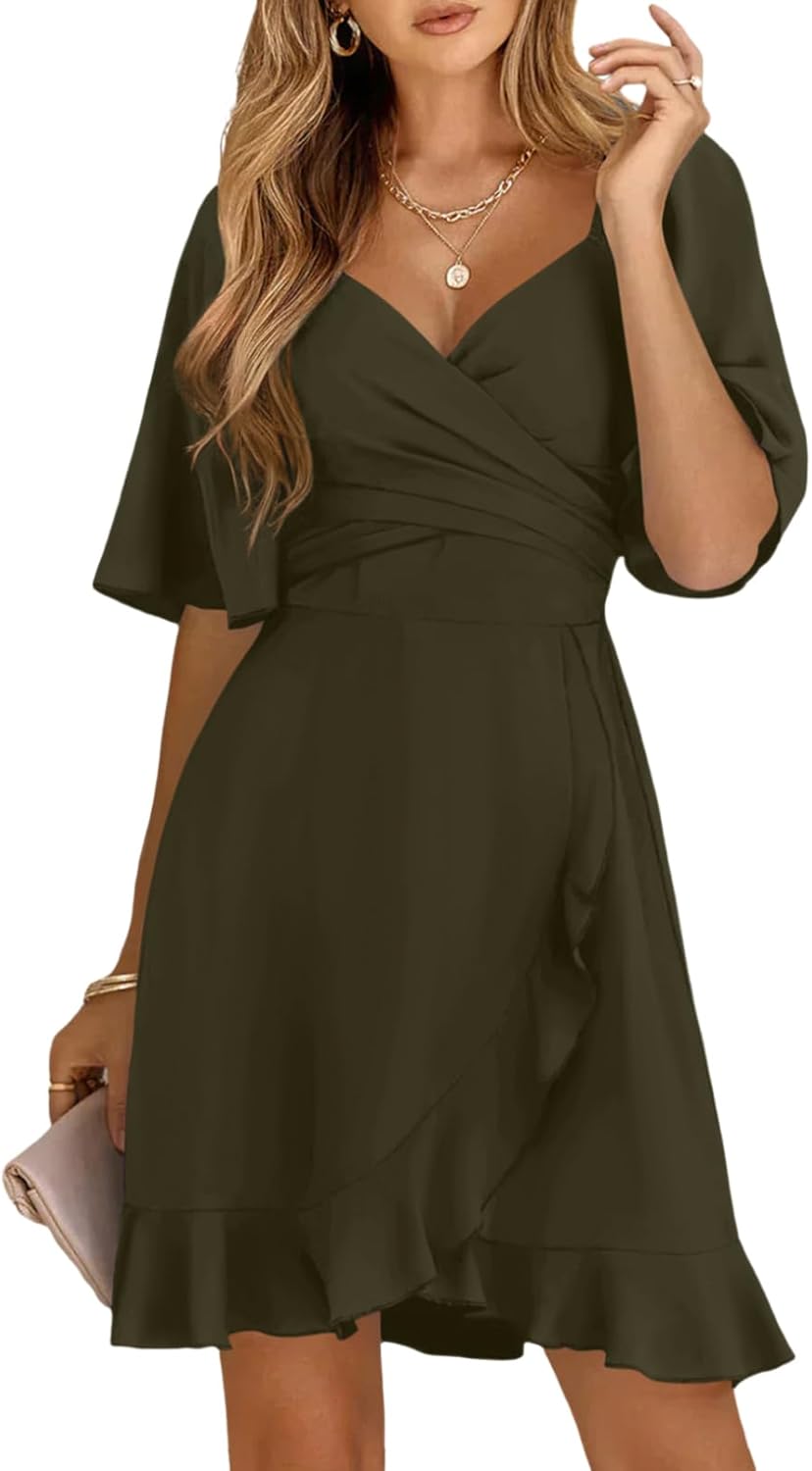 Women V Neck Wedding Guest Dress Smocked Elastic Waist Tiered Belted Mini Dress