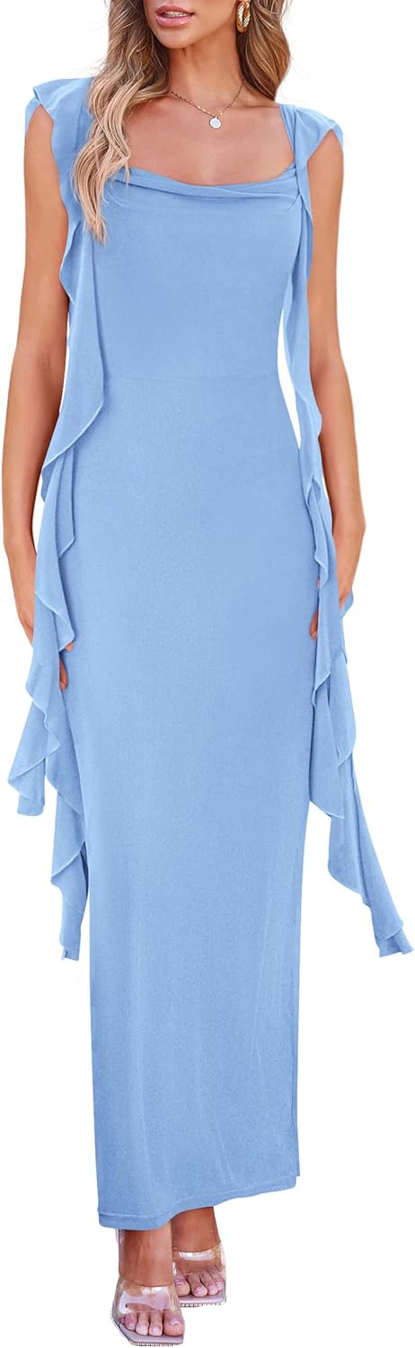 Csceces Women's 2025 Summer Wedding Guest Dress Sleeveless Ruffle Formal Cocktail Party Maxi Bodycon Dresses