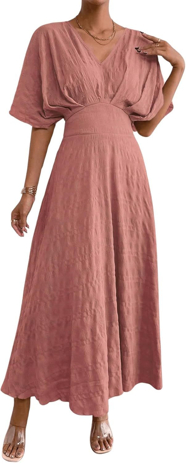 Floerns Women's V Neck Half Sleeve Ruched Cocktail Evening A Line Long Dress