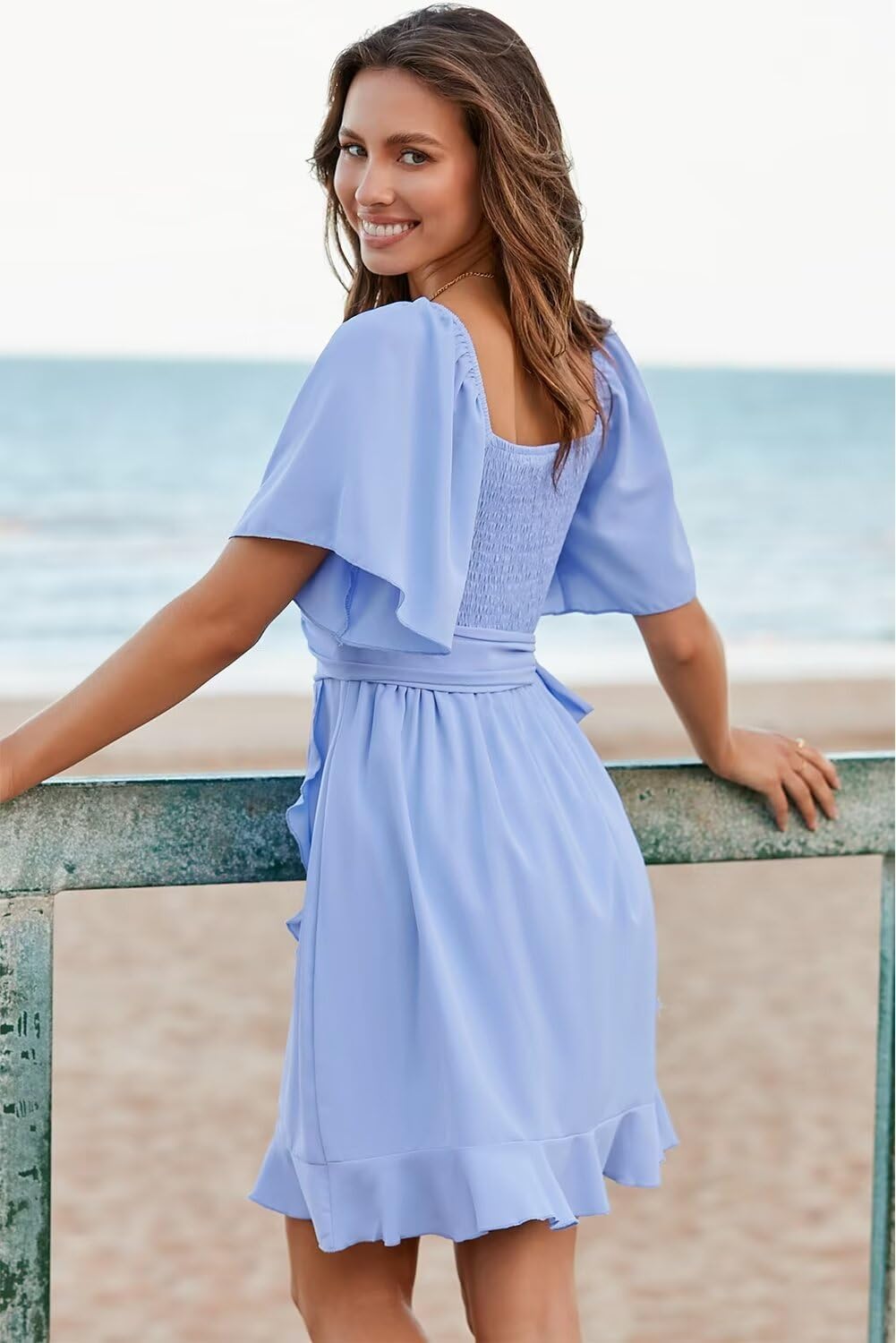 Women V Neck Wedding Guest Dress Smocked Elastic Waist Tiered Belted Mini Dress