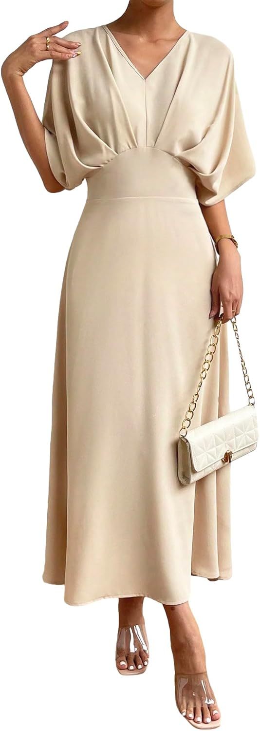 Women V Neck Ruched Evening Long Dress