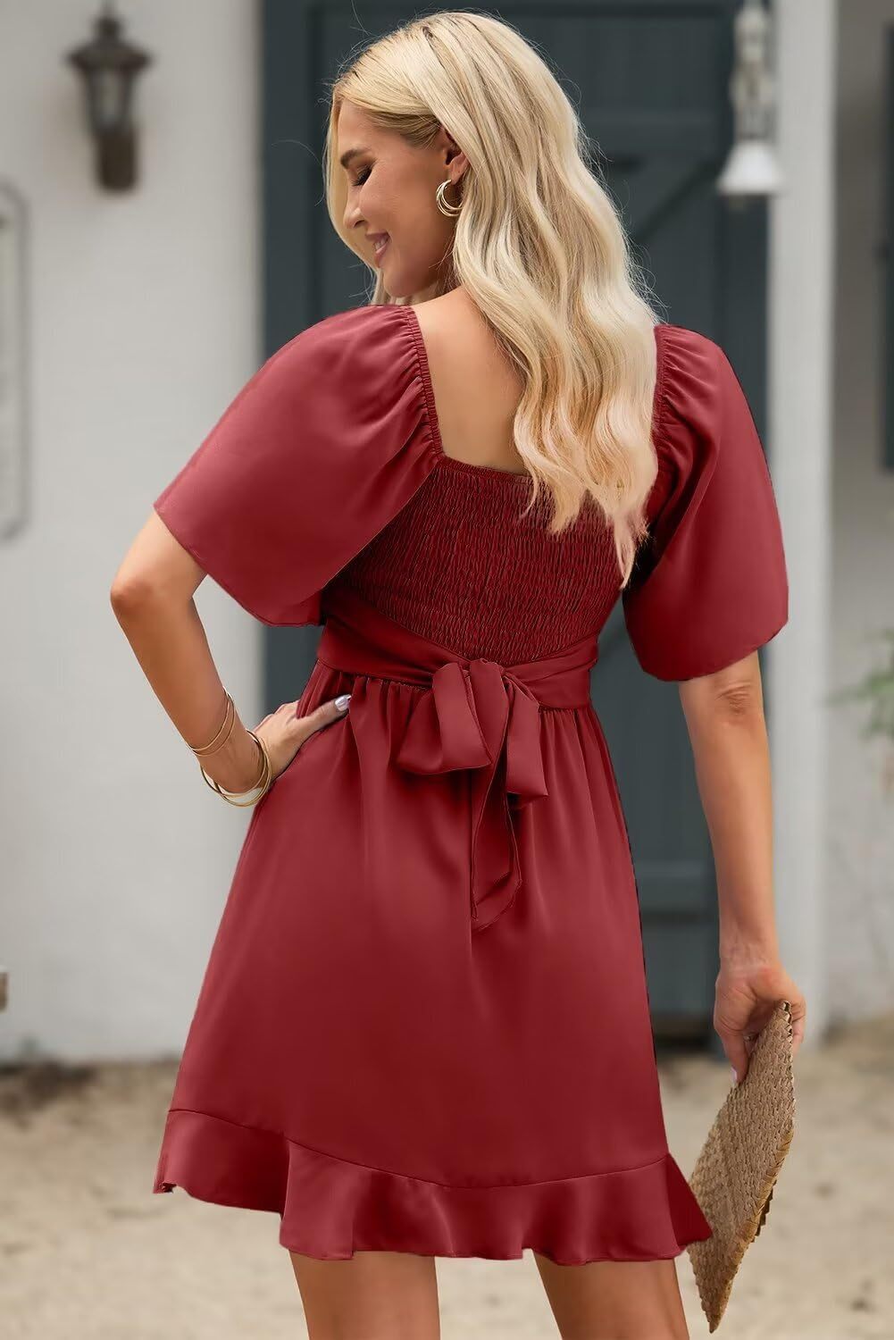 Women V Neck Wedding Guest Dress Smocked Elastic Waist Tiered Belted Mini Dress