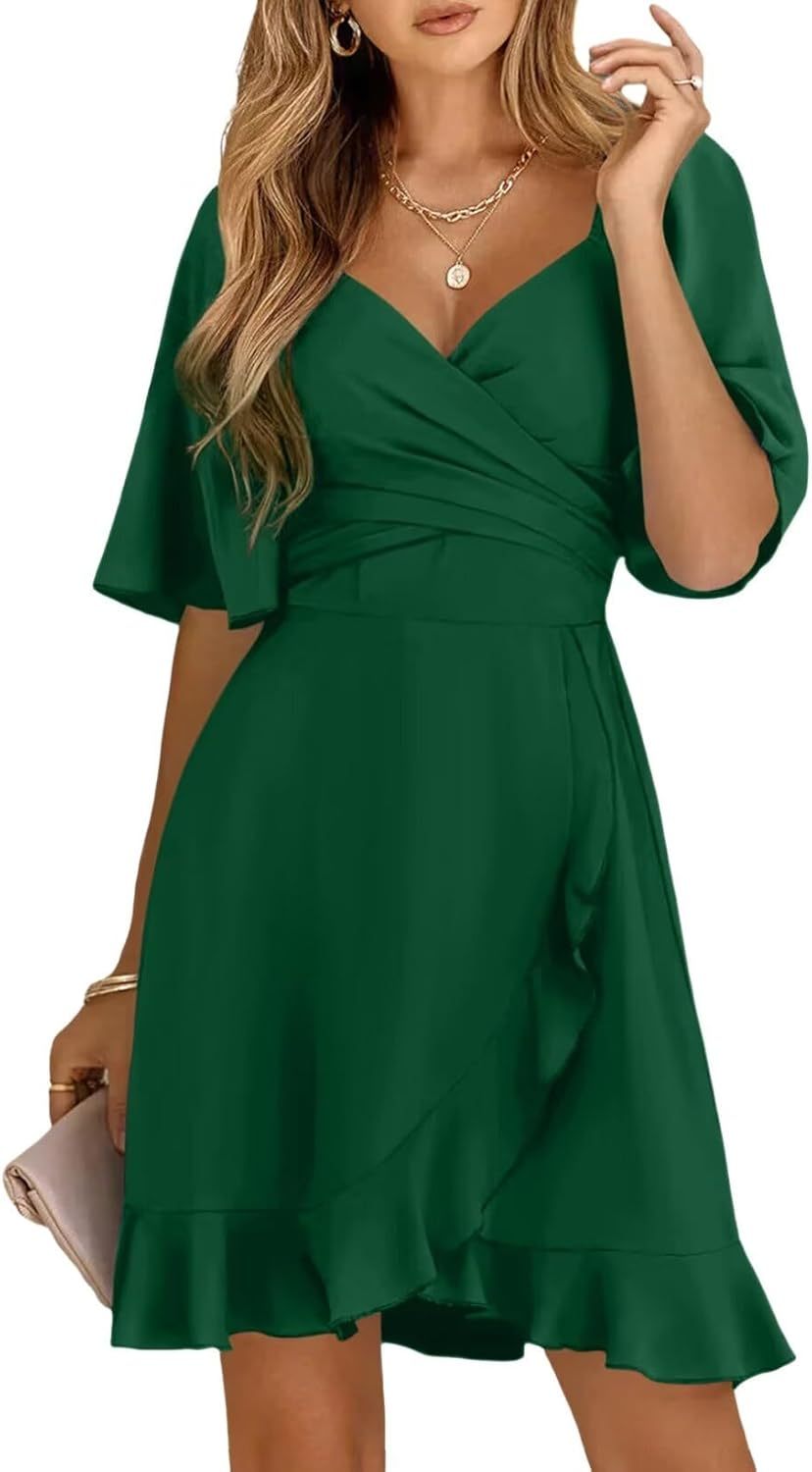 Women V Neck Wedding Guest Dress Smocked Elastic Waist Tiered Belted Mini Dress