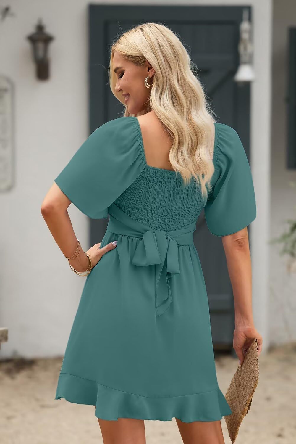 Women V Neck Wedding Guest Dress Smocked Elastic Waist Tiered Belted Mini Dress