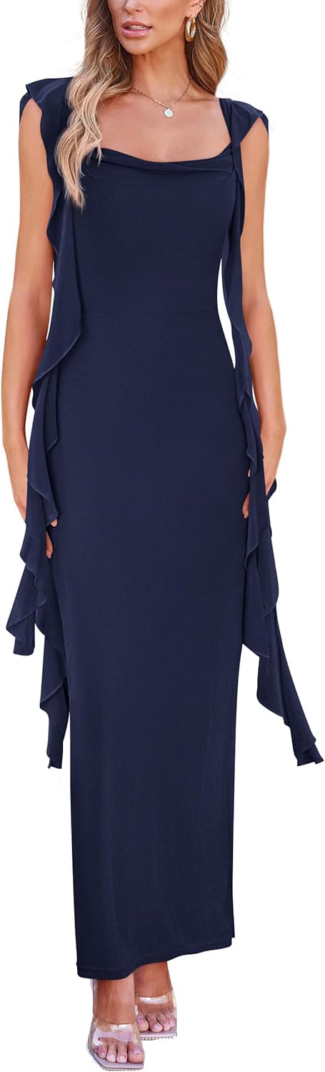 Csceces Women's 2025 Summer Wedding Guest Dress Sleeveless Ruffle Formal Cocktail Party Maxi Bodycon Dresses